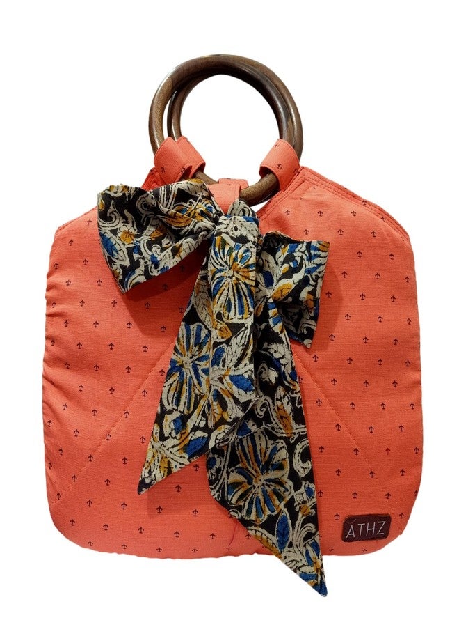 ATHZ handbags wooden handles Potli Bags with Handcrafted Bow Detail hand carry artistic wristlets bags for women (Orange, Blue, Kalamkari Print) - Image 1